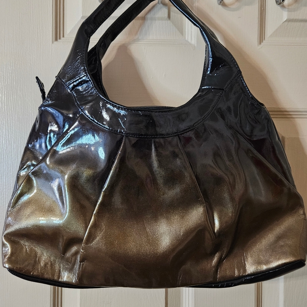 #540 Fashion Express- Black and Brown Shiny Handbag Bag